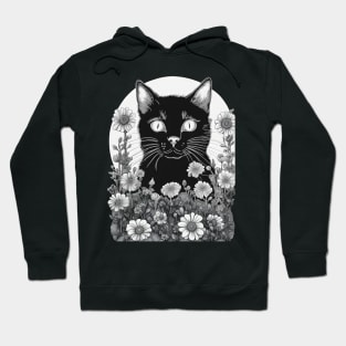 Aesthetic black cat  black and white with flowers Hoodie